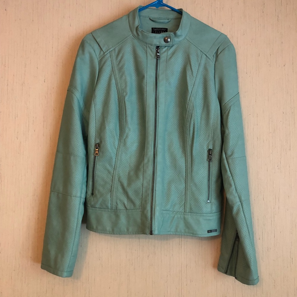 Teal Guess pinhole faux leather motorcycle jacket